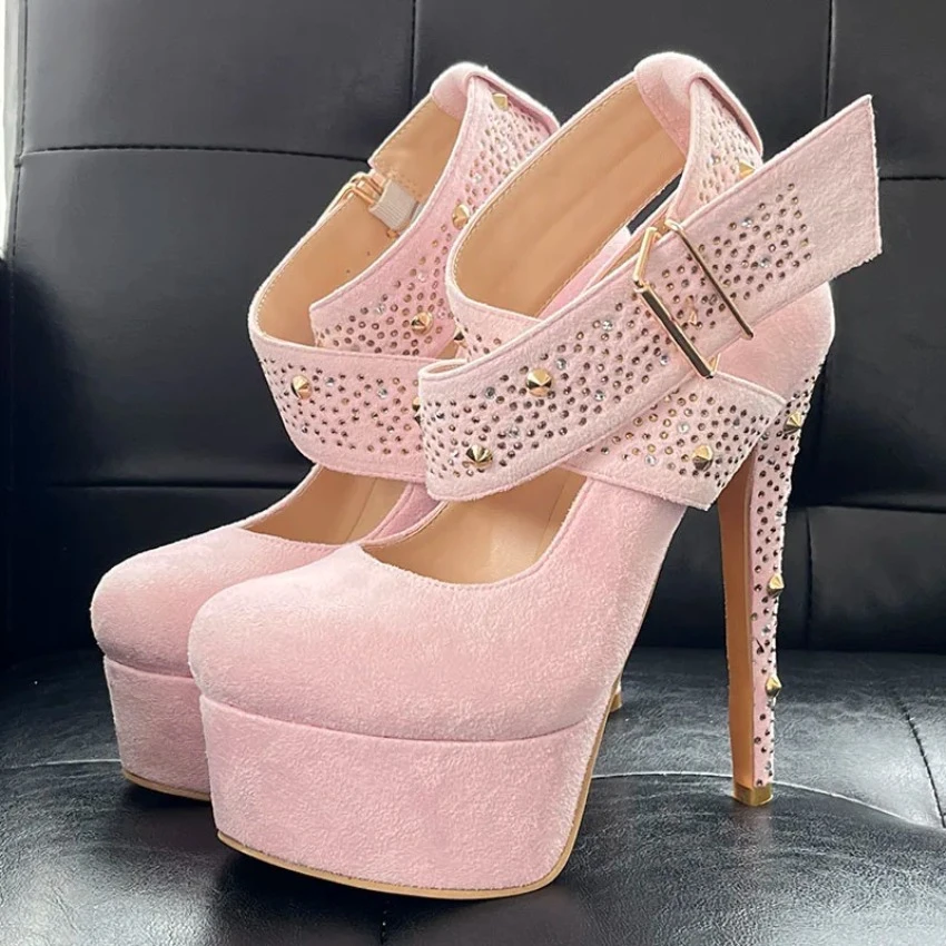 

2024 Handmade Women Pumps Buckle Strap Studded Sexy Stiletto Heels Round Toe Gorgeous Pink Party Shoes US Plus Size 5-20