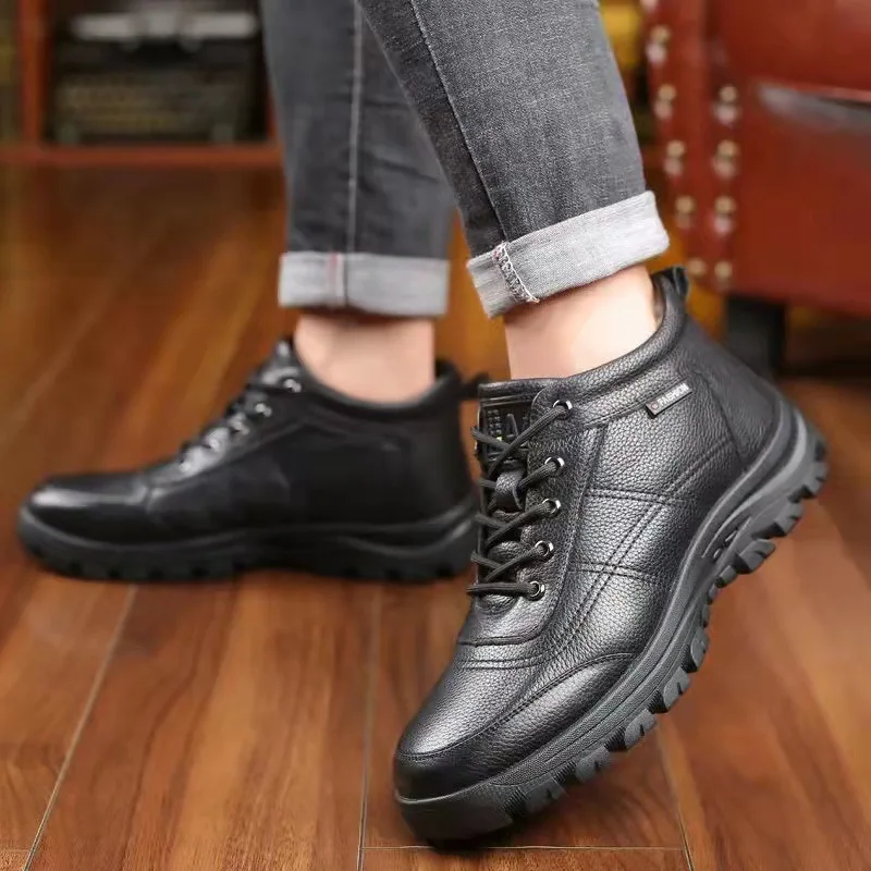 Black Men Winter Boots New Thick Cotton Shoes Comfortable Outdoor Male Rubber Soled Non-slip Leather Snow Boots Keep Warm Shoes