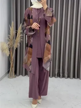 Eid Women Abaya 3 Piece Set with Pant Party Muslim Sets Caftan Robe Jalabiya Ramadan Morocco Dubai 2025 Musulman Ensembles