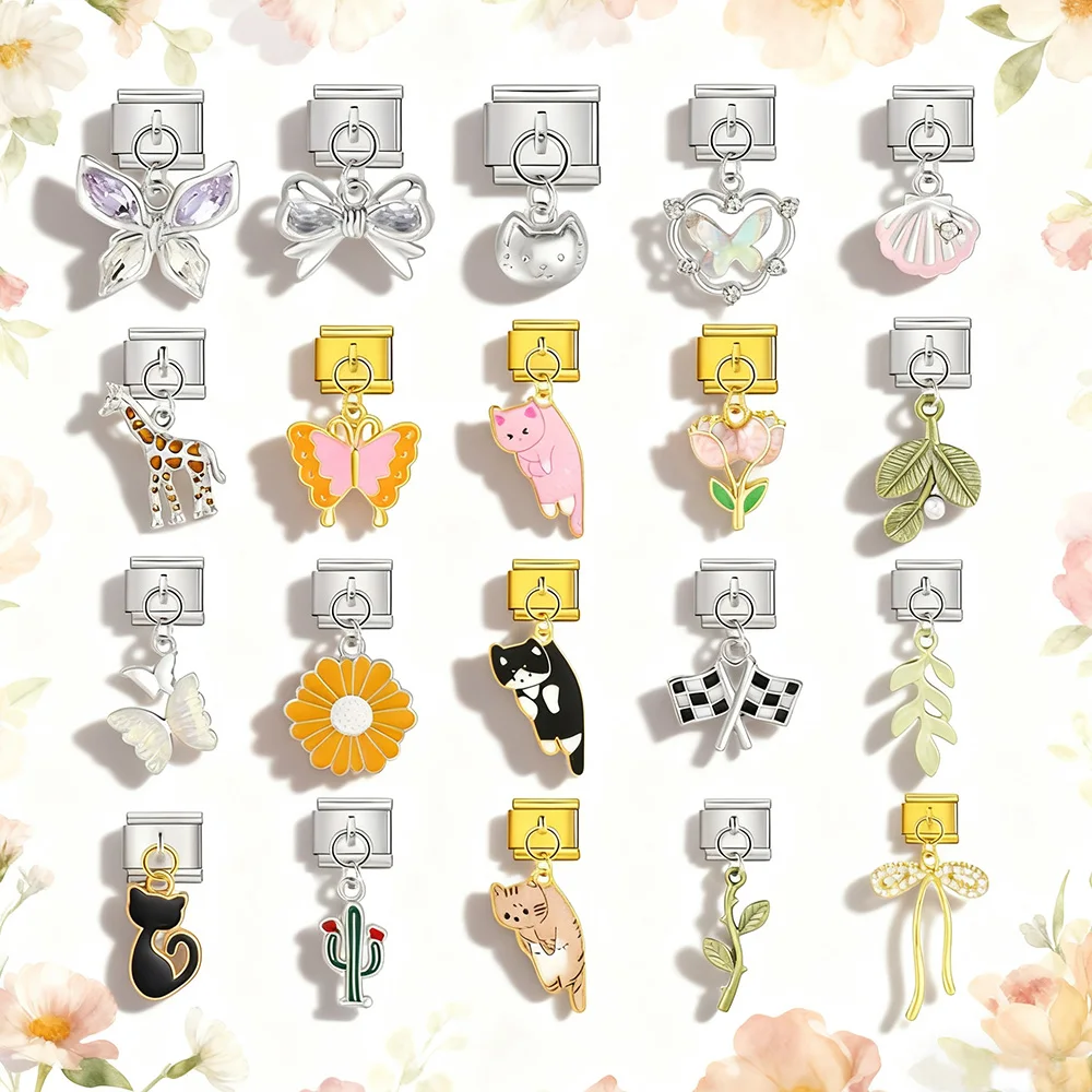 Bunter italienischer Anhänger-Link, passend für 9 mm Edelstahl-Schmuckanhänger, Giraffe, Katze, Schmetterling, Muschel, Rose, Armbandherstellung, DIY-Perlen