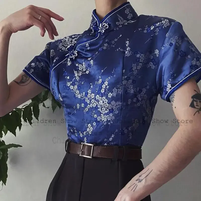 Short Sleeve Tang Clothes Traditional Qipao Tops Chinese Style Costume Lady Fashion Jacquard Blouse Women Satin Cheongsam Shirt