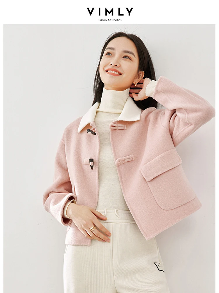 Vimly Pink Wool & Blends Coats Lapel Cropped Jacket for Women 2023 Winter Straight Office Lady Long Sleeve Overcoat Female 50691 french vintage cotton lined tweed coat women elegant round neck cropped jacket office lady double breasted wool blend chaquetas