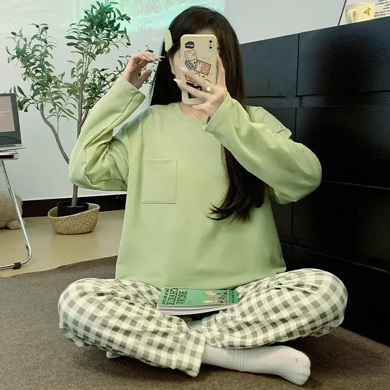 

Sleeves Simple Pour Pants Long Pyjama Femme Pajamas Casual Cotton Home Lounge Set Youth Women's Autumn Spring for Girl Clothes