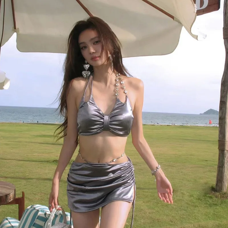 

Серебряный Премиум пикантный модный бикини из трех частей для спа-курорта однотонный купальник плотный Быстросохнущий купальник с открытой спиной для женщин