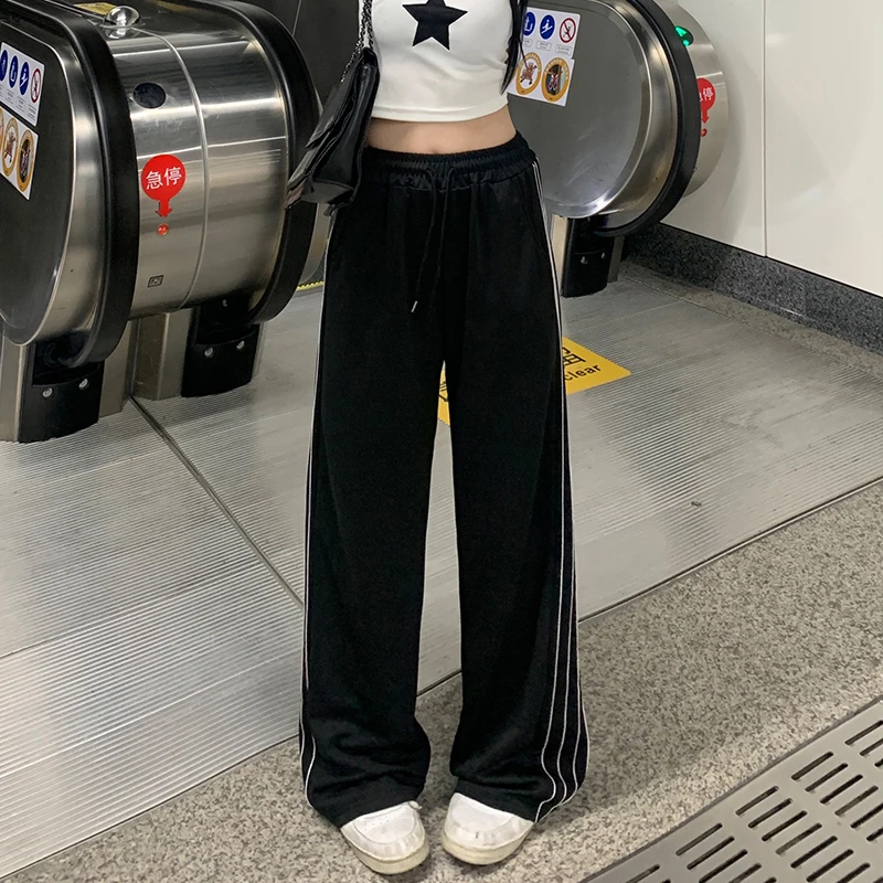 2024 frauen Mode Designer Hosen Dame Baggy Breite Bein Gerade Bein Hosen Weiblichen Koreanischen Stil Hohe Taille Schwarz Streifen Hosen – Detail 8