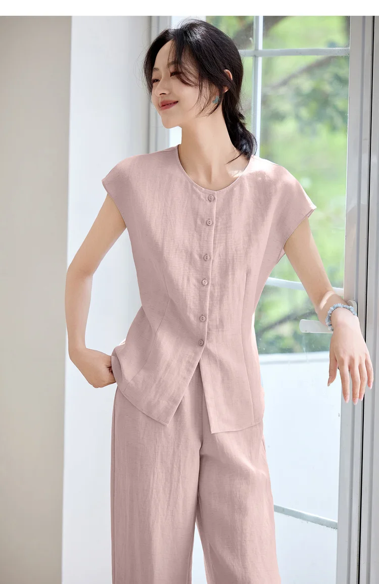 SENTUBILA Women's Linen Trouser Suit Summer Two Pieces Matching Set Women Button Shirt Straight Pant Sets 2026 Outfits 152ZA0094