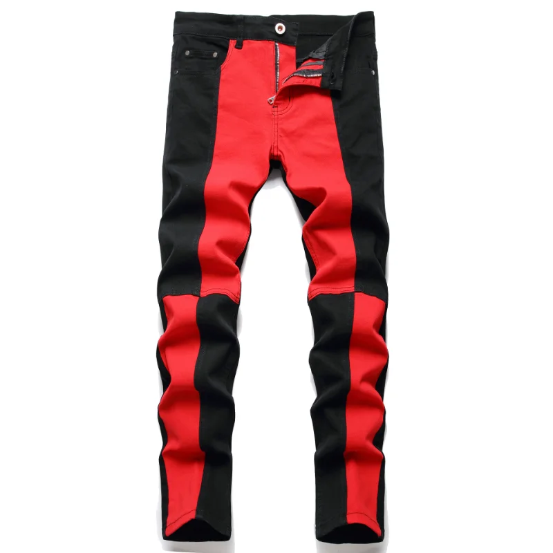 Men Paisley Bandanna Print Patch Jeans Streetwear Cracked Pleated Stretch Denim Biker Pants Ripped Patchwork Black Trousers