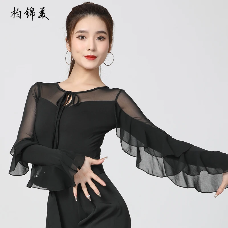 Dance Shirts Women Modern Latin Dance Ruffled Long Sleeve Body National Standard Performance Friendship Practice
