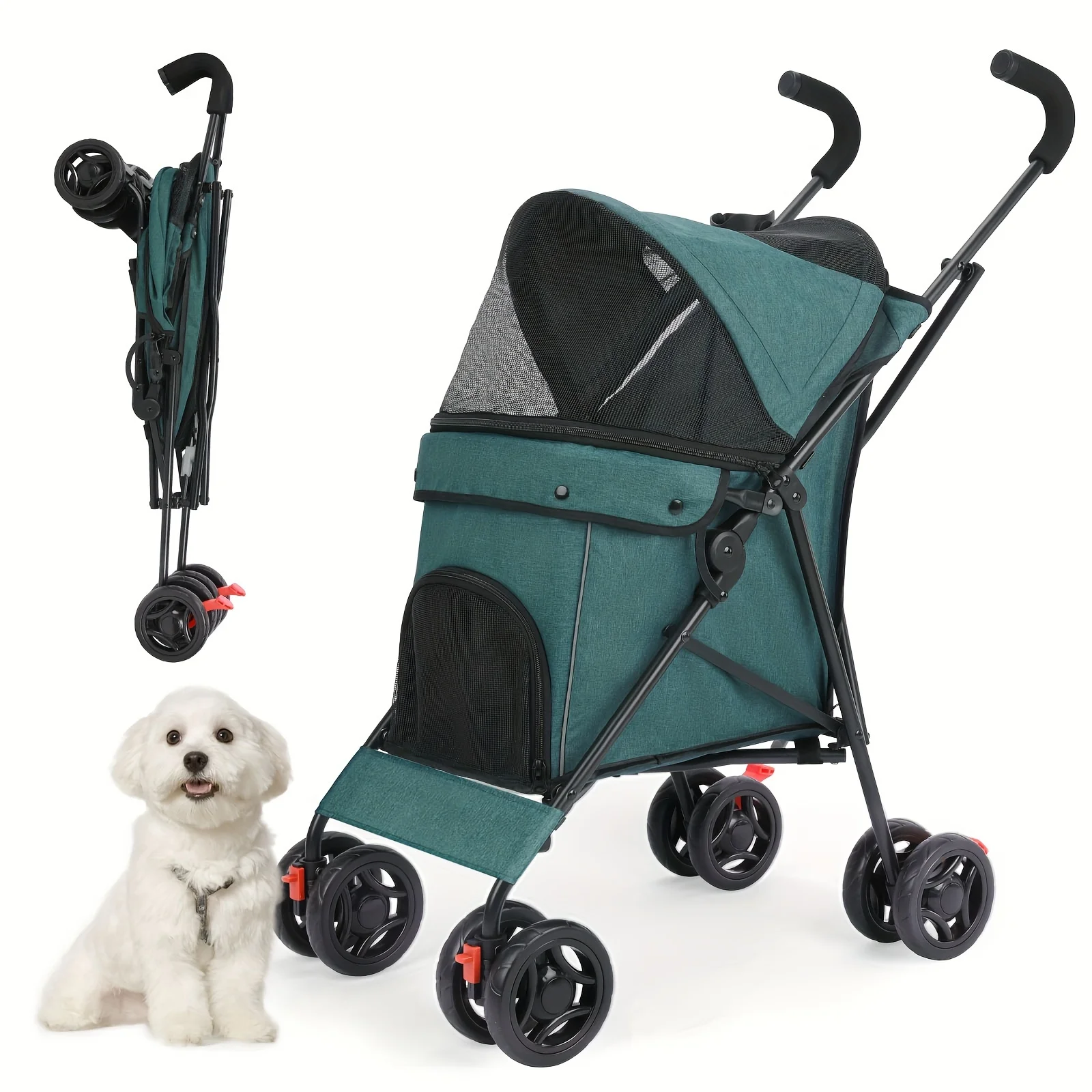 

4 Wheel Foldable Cat Dog Stroller with Storage Basket, Handle 360° Front Wheel Rear Wheel with Brake for Small Medium Dogs & Ca