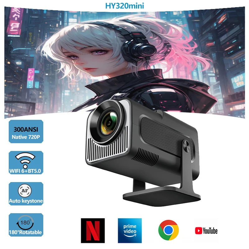 Portable Projector 4K Android11 300ANSI Mini Native 720P Wifi6 BT5.0 180&deg; Rotable For Outdoor Camping
