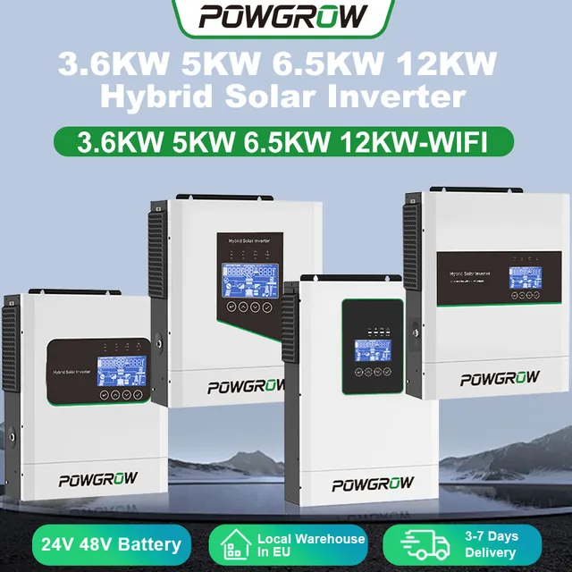 POWGROW Onduleur Solaire Hybride 12KW 6.5KW 5KW 3.6KW Double Sortie MPPT 220V 24V 48V Entrée PV Max 500V Chargeur Solaire 160A avec BMS 1