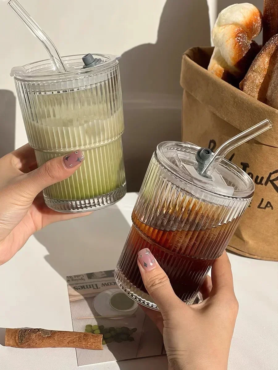 Glass Cup 1/2PCS 450ml Stripe Glass Cup Transparent With Lid and Straw Ice Coffee Mug Tea Cup Juice Glass Milk Water Drinkware