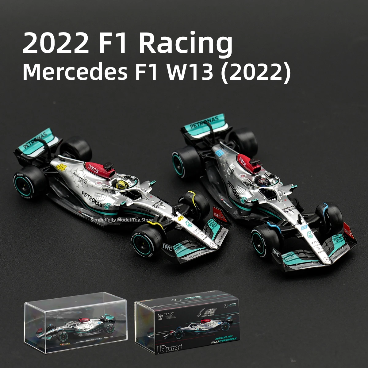 Bburago 1:43 2022 Mercedes AMG W13 F1 Formula Racing Car Static Diecast Alloy Model Car Acrylic Box