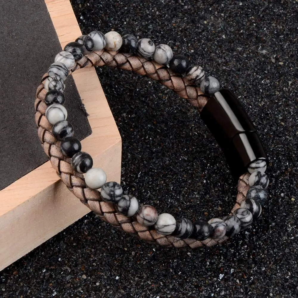 Natural Stone Bracelet Genuine Leather Braided Bracelets Black Stainless Steel Magnetic Clasp Tiger eye Bead Bangle Men Jewelry bracelet jewelry