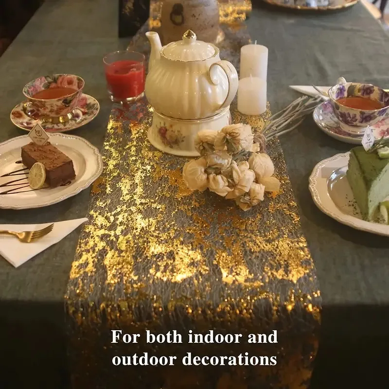 Camino De Mesa Dorado De 10 Metros – Estilo Cuadrícula, Ideal Para Bodas, Navidad Y Decoración | Ajustable Y Fácil De Limpiar
