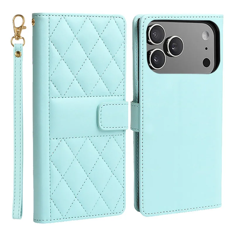 Checkered Leather Flip Wallet Phone Case with Card Slot and Stand