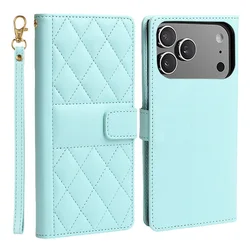 Checkered Leather Flip Wallet Phone Case with Card Slot and Stand - iPhone 12 Mini (Light blue)