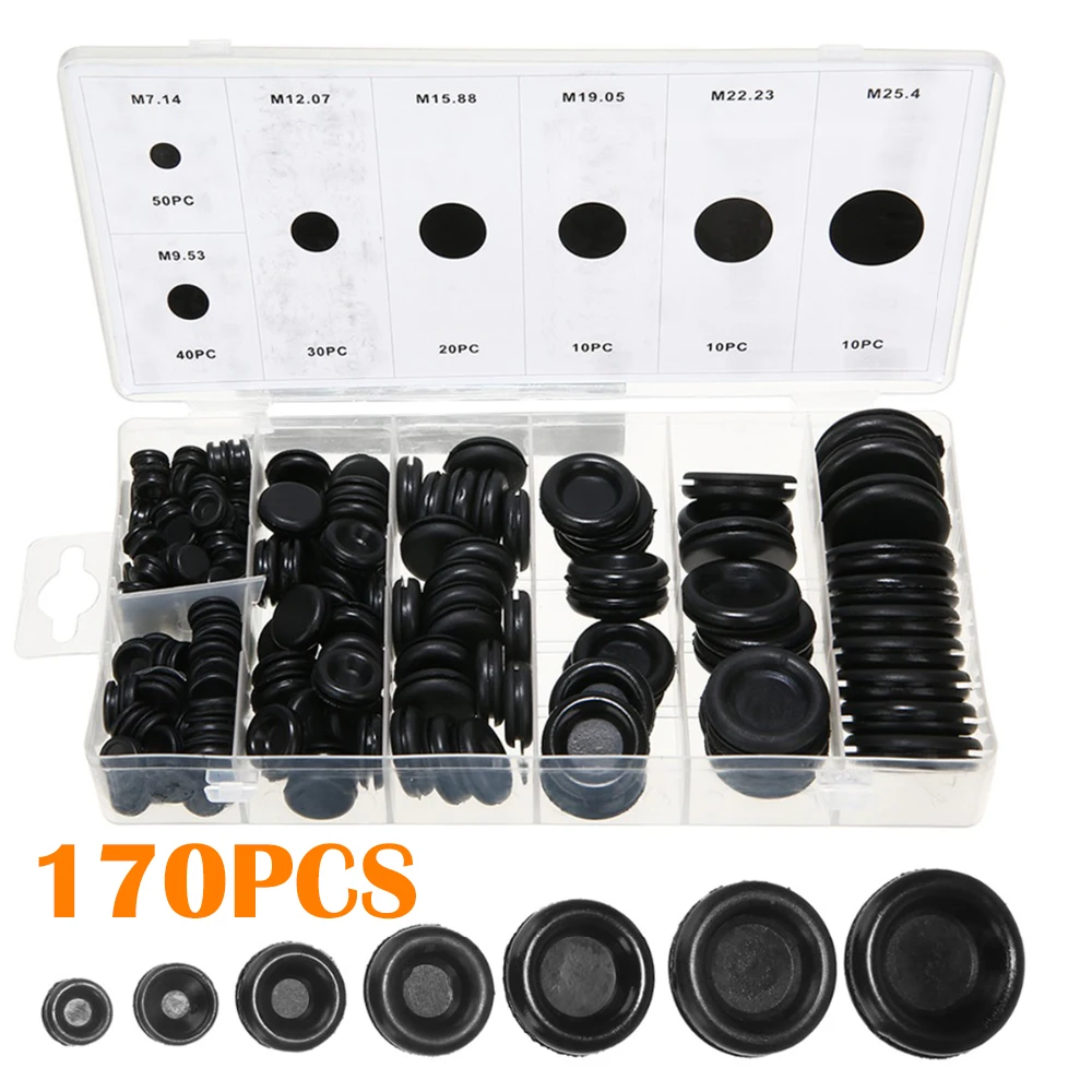 

170pcs Black Round Assorted Rubber Grommets Re-sealable Assorted Grommets For Cylinder, valve, pump, spray, water pipe,