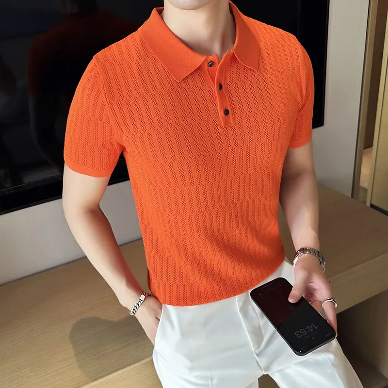 Men Transparent Mesh Knitted Polo Shirt 2022 Summer Short Sleeve V