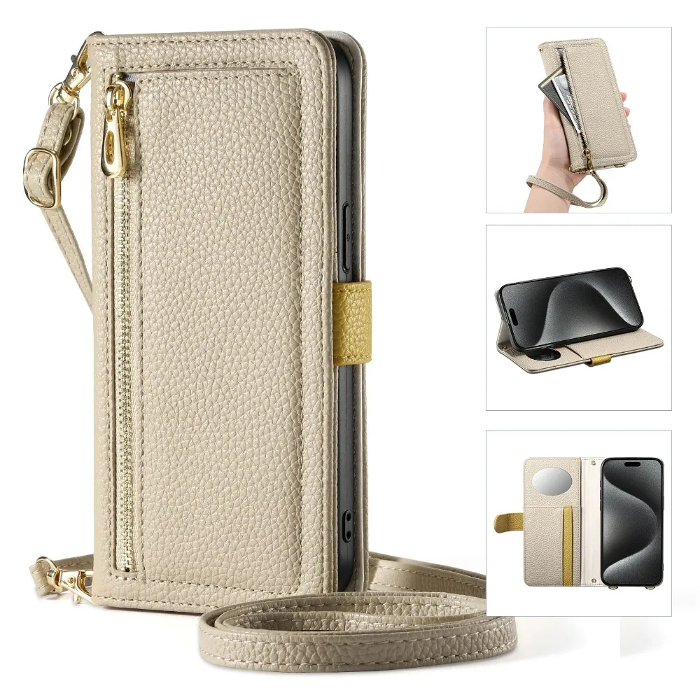 Sleek Zipper Wallet Crossbody Case with Mirror and Card Holder in PU Leather
