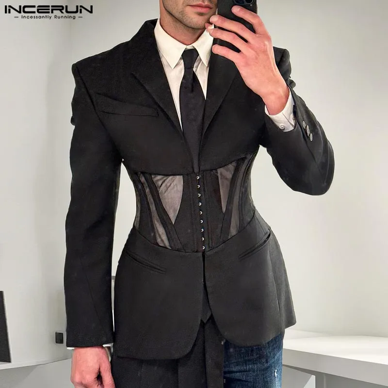 American Fashion Long Sleeve Blazer Splicing Gauze Sexy Sash Up Coats Casual Solid Color Elegant Well Fitting Male mens blazer
