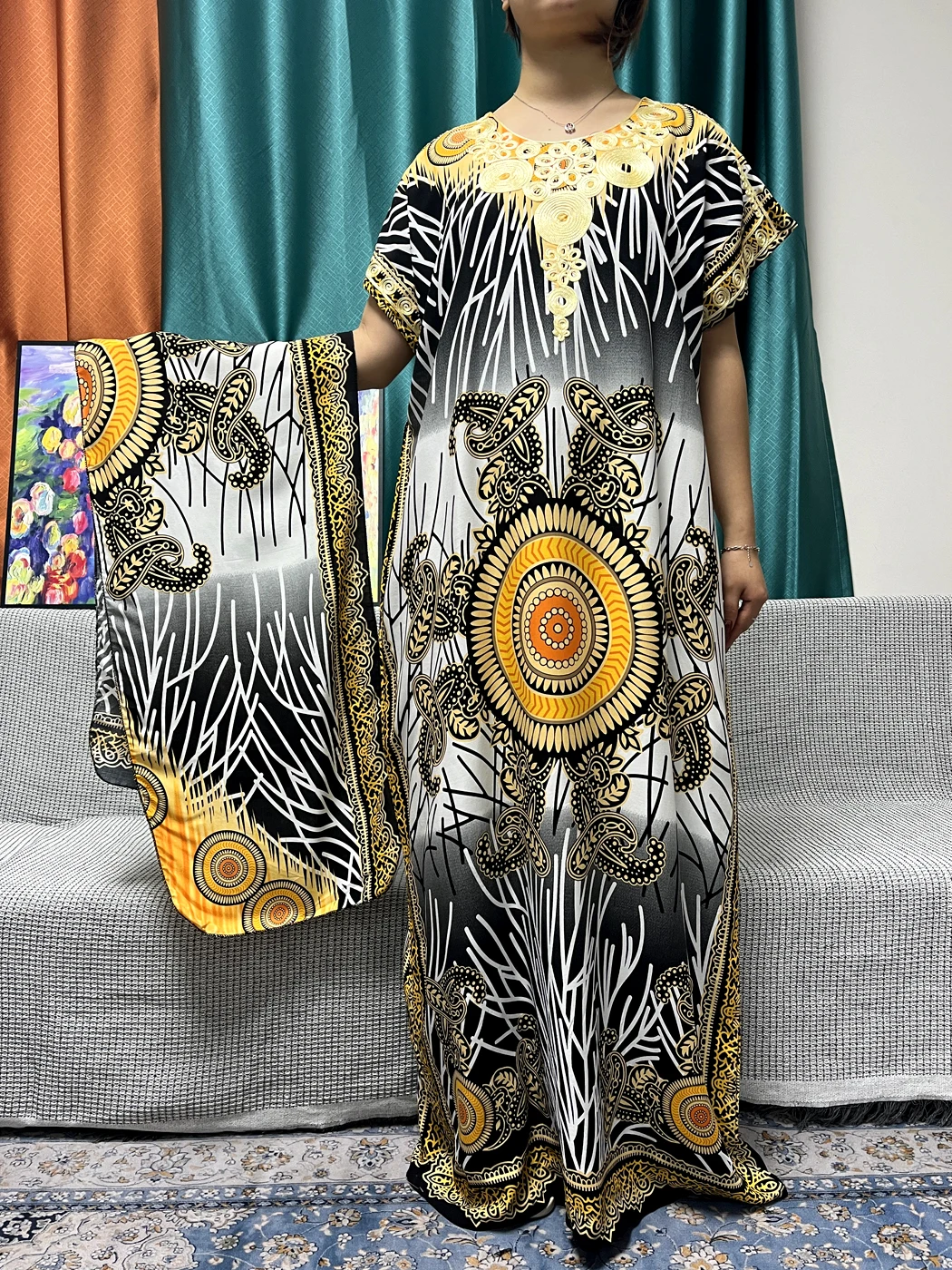 Abayas For Women 2023 Dubai Cotton V-neck Loose Fit Femme Robe African Traditional Dresses With Headscarf LT172
