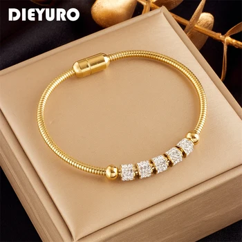 Stainless Steel Gold Color Rhinestone Beaded Bracelet For Women Fashion Ladies Magnet Clasp Bangles