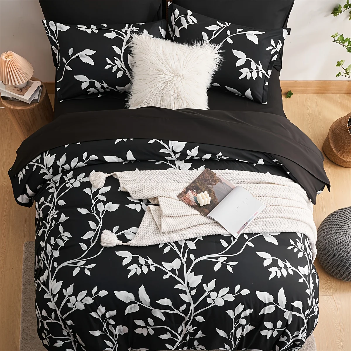 conjunto-de-cama-floral-comforter-1-folha-plana-1-folha-equipada-4-fronha-sem-enchimento-preto-e-branco-7pcs