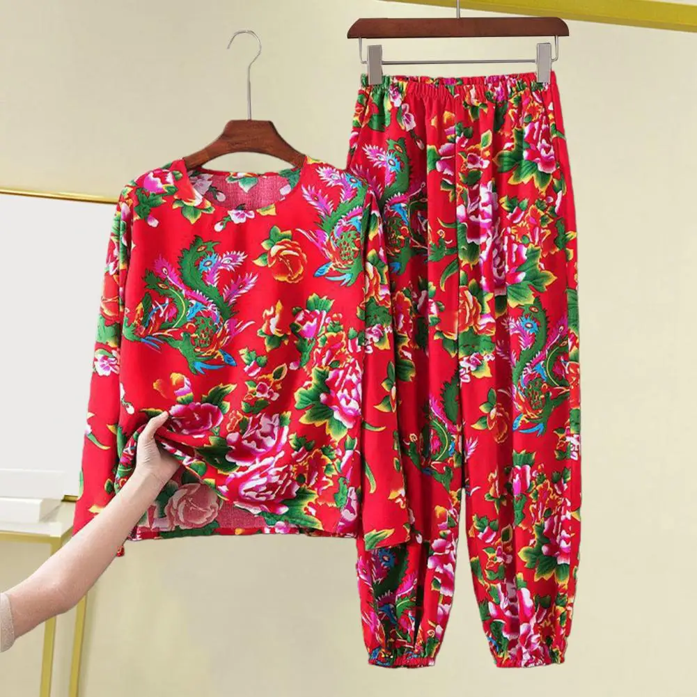 

Wide-leg Trousers Set Northeast Ethnic Flower Print T-shirt Pants Set for Women Round Neck Long Sleeve Top Elastic Waist