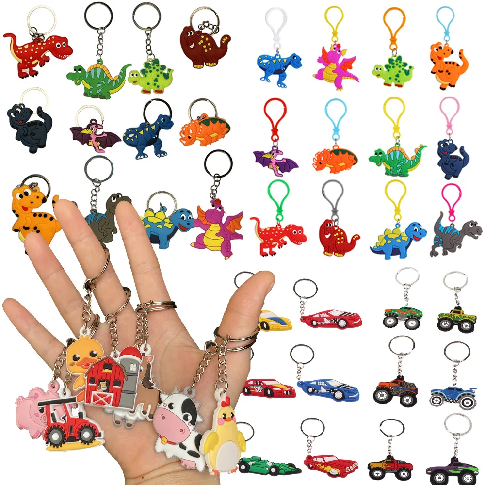 120pcs Kids Keychain Bulk Children Farm Animals Racing Car Dinosaur  Birthday Party Decor Gift School Treat Class Prize Supplies