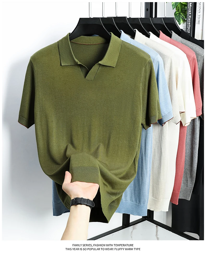 100% Lyocell Knitwear 2025 Men Spring Summer Trendy Turn Down Collar Knit Tees Short Sleeve Breathable Knit Tops