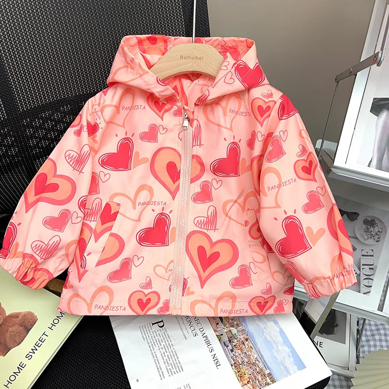 

2023 Autumn Girls Sweet Print Heart Long Sleeve Hooded Jacket Baby Kids Children Coat Outerwear