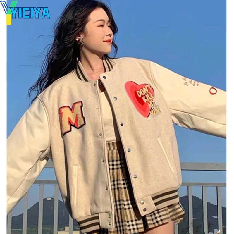 

YICIYA Jacket Bombers Love embroidery Woman Varsity baseball jackets new outerwear Coats Korean fashion 2024 clothing outfits