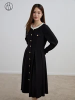 DUSHU Sweet Romantic Waist Pulling Dress Winter 2023 New Hepburn Style Temperament Black Dress Casual Loose Women Dress