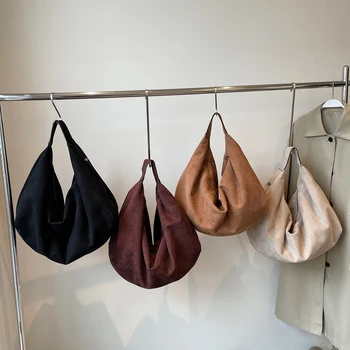 Women Suede Shoulder Bag Slouchy Underarm Bag with Zipper Large Capacity Handbag for Work Travel