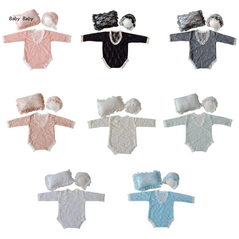 

Q81A Newborns Photo-Shooting Props Headwear & Lace Romper Posing Pillow Shower Gift