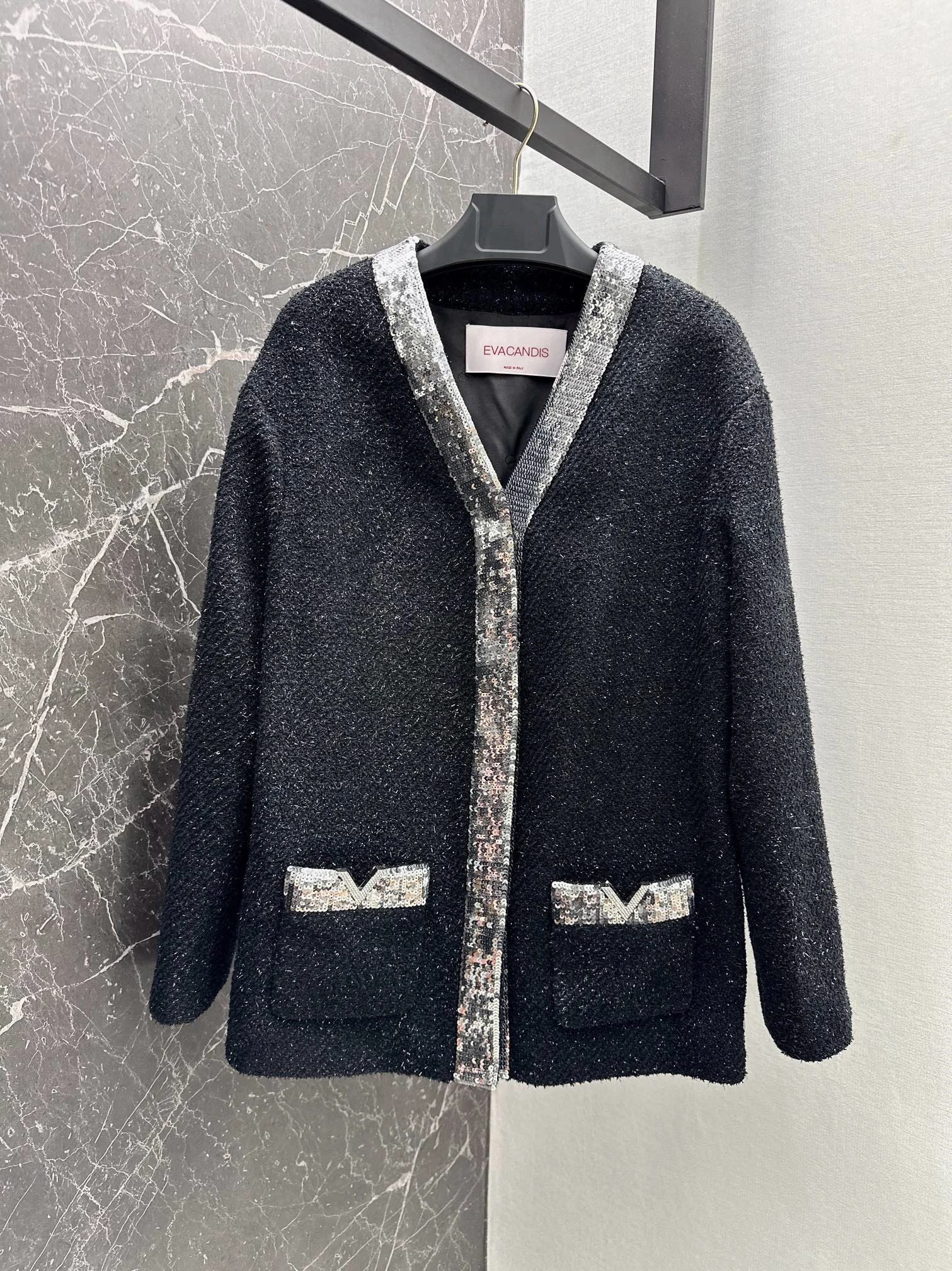 

EVACANDIS High Quality Women New Wool Blended Tweed Sequins Double V Pockets V-Neck Single Breasted Coat Vintage Elegant Luxury