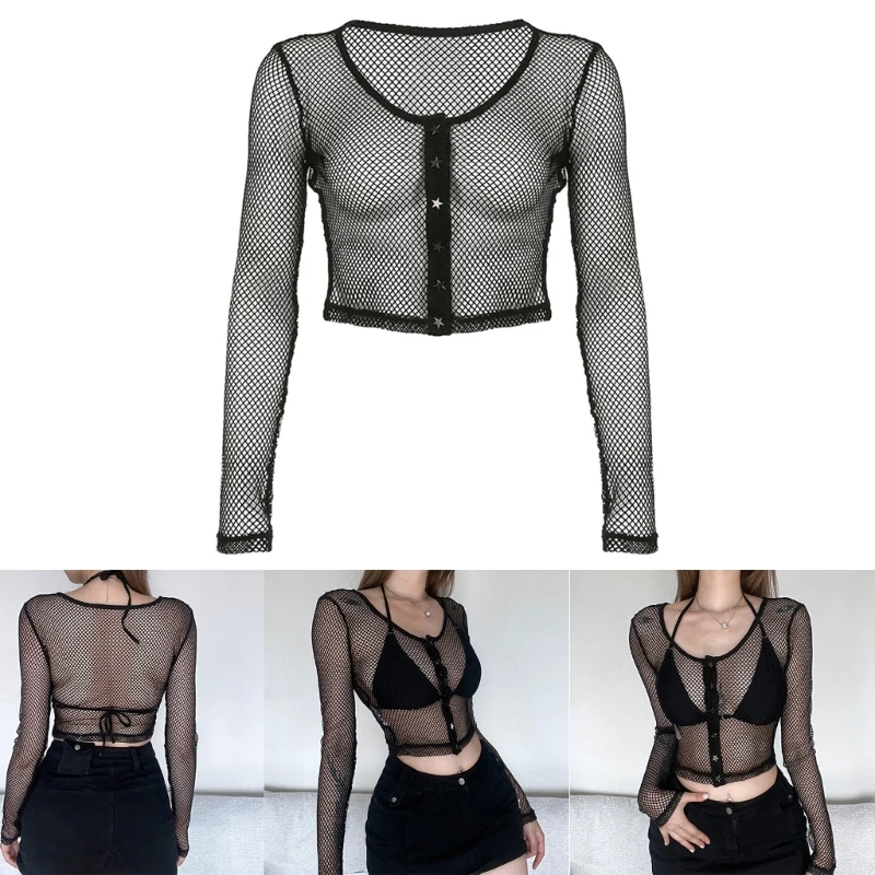 

Womens Casual Long Sleeve Pullover Crop Top See Through Mesh Fishnet Shirt Tops Sexy V Neck Tshirt Outerwear Streetwear