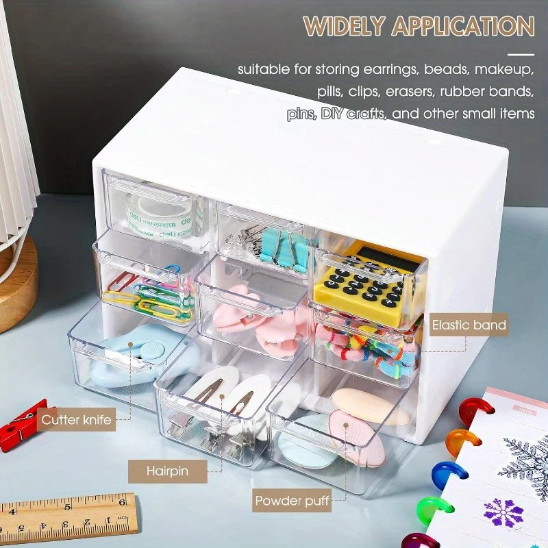 Small Organizer with Drawers Plastic Desktop Storage Box with 9 Drawers Desk Craft Organizer for Office Home Room Jewelry