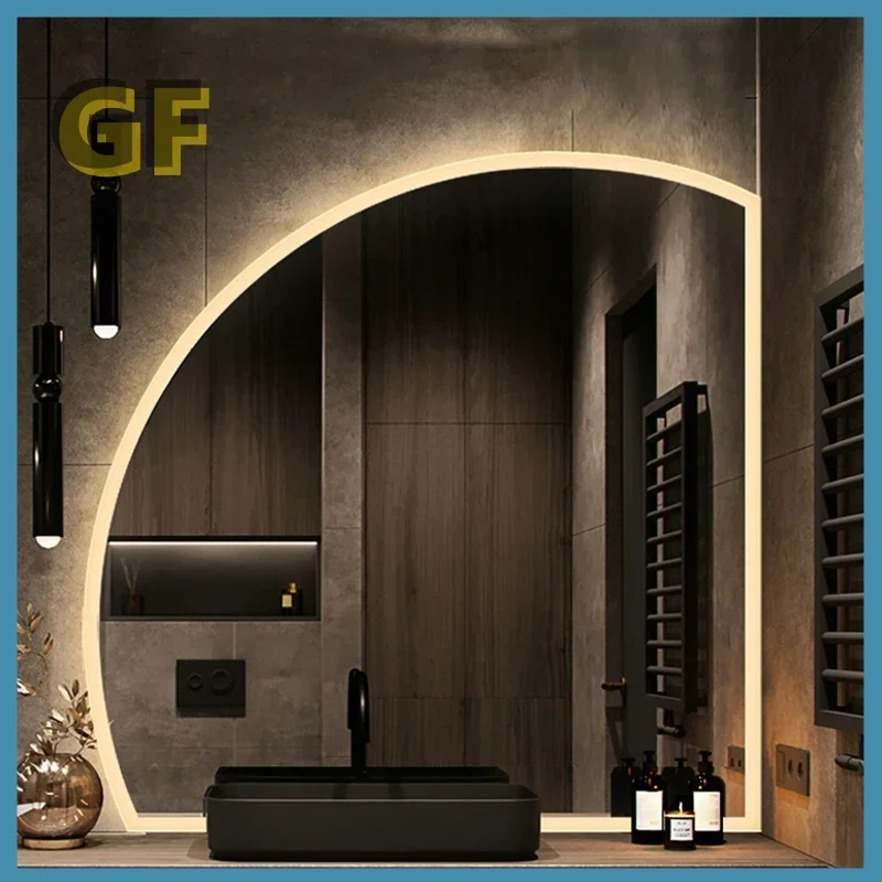 Bathroom mirror frameless touch sensor Bluetooth decorative wall mounted intelligent bathroom half moon mirror with LED light