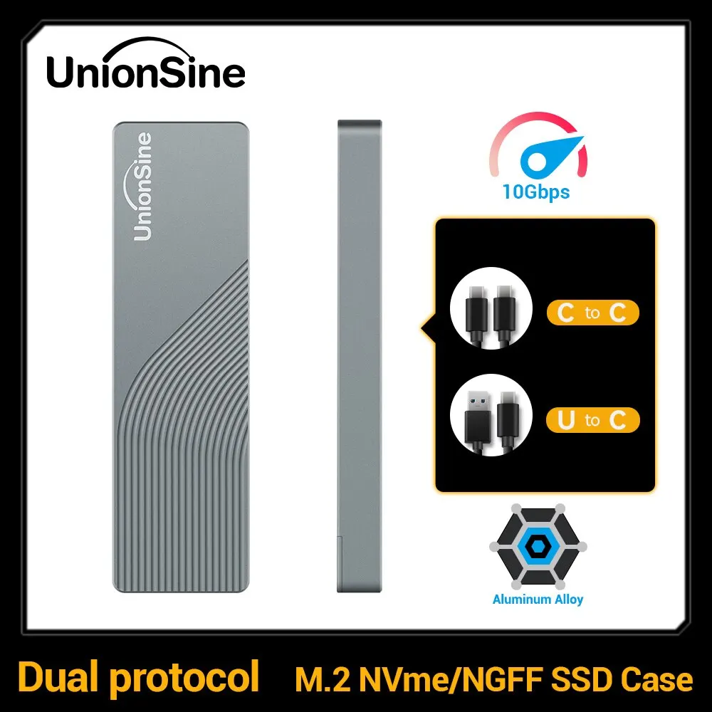 UnionSine Dual Protocol M2 NVMe NGFF SATA SSD Case 10Gbps HDD SSD Box to USB3.1 External Enclosure for 2242 2260 2280