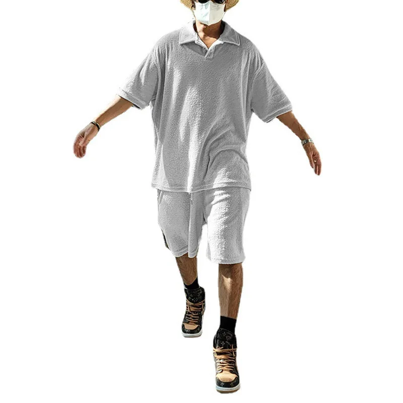 Short Sleeved T-lapel OLO Shirt Short Sleeved Linen Sweat-absorbing Loose Shorts Set Loose Towel Cloth Casual Set Men's Clothing