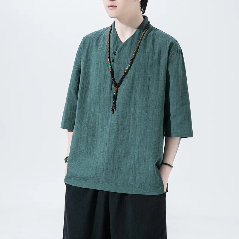 

Лето 2022, тонкие льняные футболки в китайском стиле, свободный женский этнический Повседневный Топ с коротким рукавом и V-образным вырезом, мужская одежда