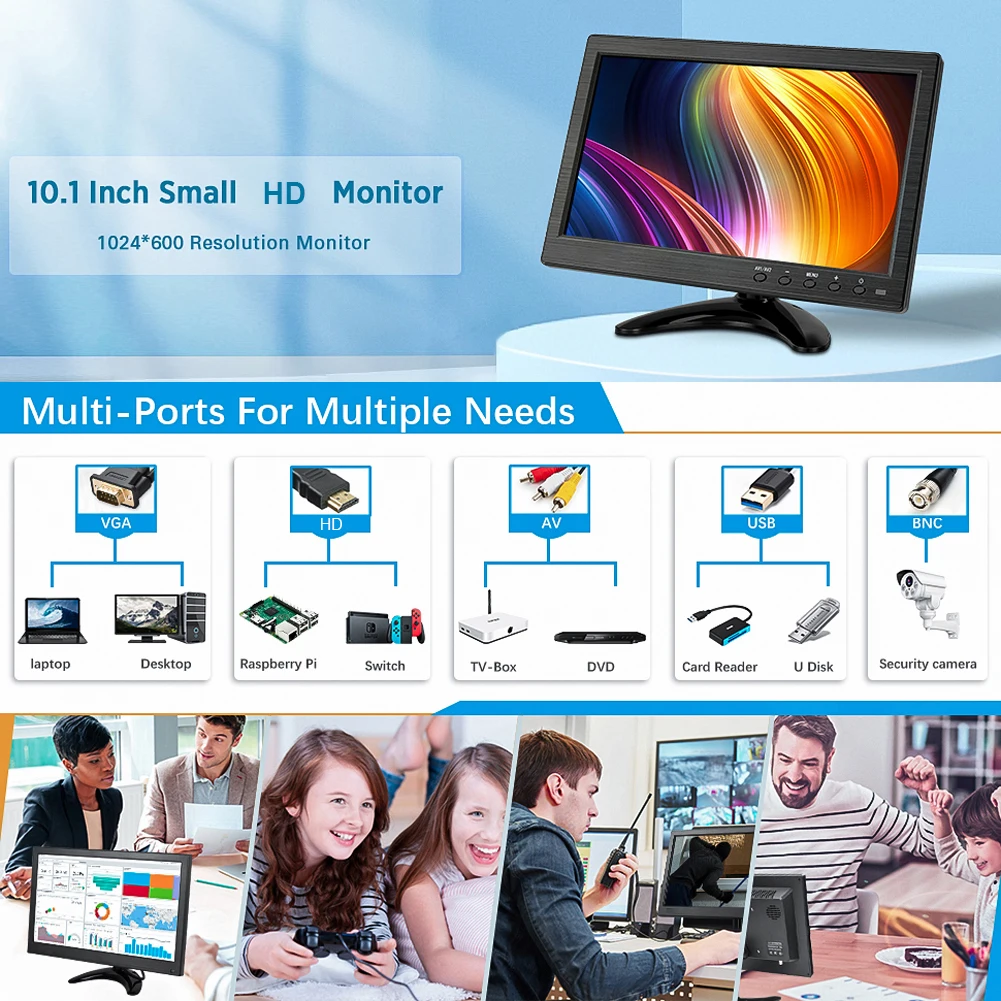 HDMI 호환 모니터, AV VGA 입력, 휴대용 HD 컬러 비디오 화면, BNC USB 소형 IPS 자동차 모니터, HDMI 호환, 10.1 인치