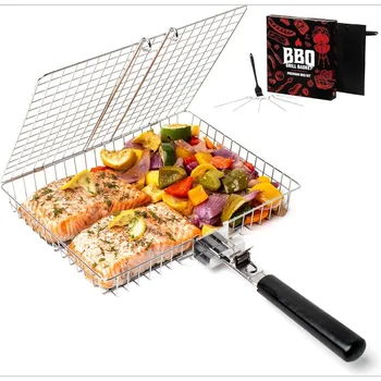 Cesta Parrilla Plegable Portátil Acero Inoxidable con Asa para BBQ | Pescado, Verduras, Camarones | Cocina Exterior