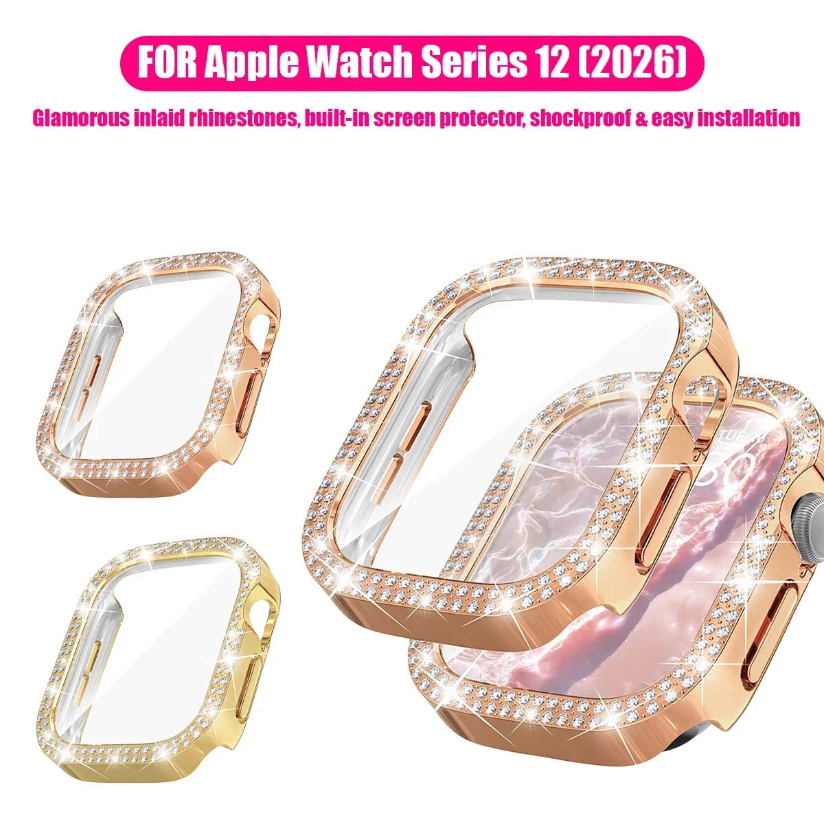 Luxury Bling Diamond PC Watch Case with Tempered Glass Screen Protector Bumper