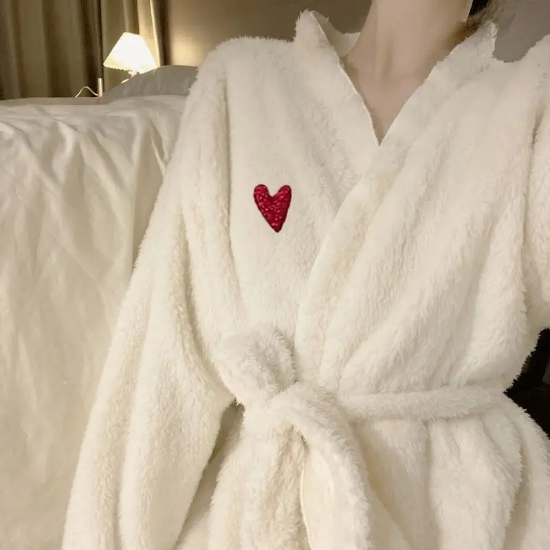 Heart Robe for Women Belt Sleepwear Nightdress Winter Night Wears Pajama Nightgown Long Sleeve Warm Fleece Homewear Japanese New