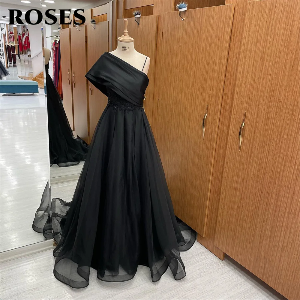 

ROSES One Shoulder Tulle Party Dress Organza Vintage Night Dress Black Tulle Wedding Evening Dress Party Dress Vestido De Festa