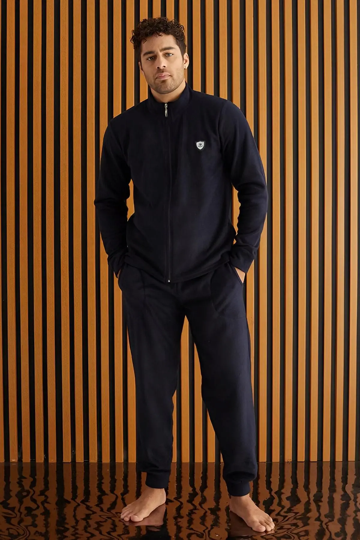 Gray Front Zipper Long Sleeve Fleece Men's Pajama Set