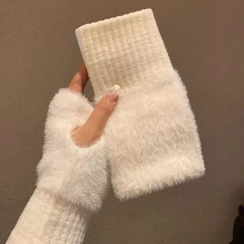 

Mink Fleece Soft Winter Half Finger Gloves Women Warm Luxury Solid White Plush Knitted Fingerless Glove Wrist Mittens Writting